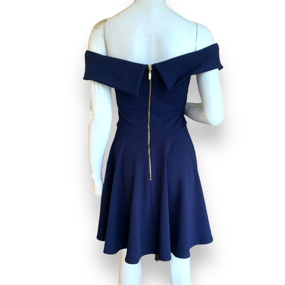 B DARLIN NAVY BLUE OFF SHOULDER FIT & FLARE PARTY DRESS. JUNIOR SIZE MEDIUM - Picture 3 of 7